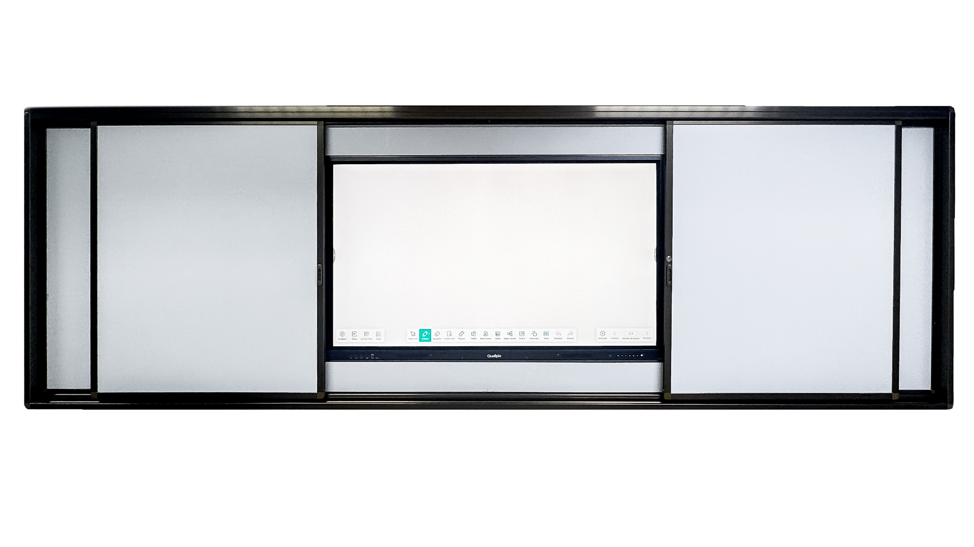 Quadro Branco Qualipix completo com lousa digital integrada, com 4 metros de largura externa e 1,30 metro de altura externa